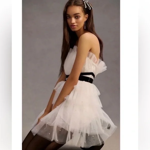 Maeve White Strapless Tiered Tulle Cocktail Mini Dress by Anthropologie - Picture 9 of 11